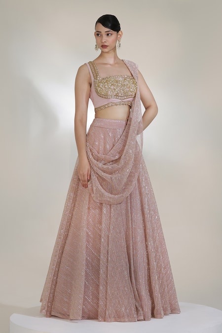 Libas Cafe by Nidhi & Ashish_Pink Lycra Embroidery, Zari Square Neck Jashn Draped Lehenga With Blouse _Online_at_Aza_Fashions
