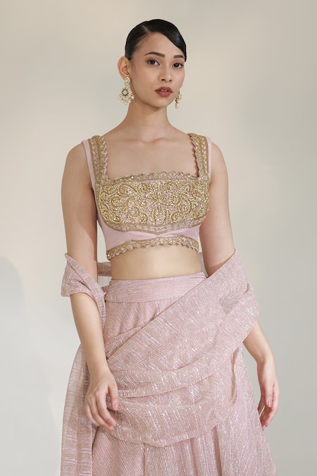 Buy_Libas Cafe by Nidhi & Ashish_Pink Lycra Embroidery, Zari Square Neck Jashn Draped Lehenga With Blouse _Online_at_Aza_Fashions