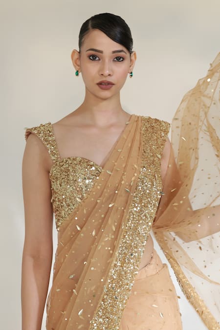 Buy_Libas Cafe by Nidhi & Ashish_Gold Net Sequins, Embroidery Sweetheart Neck Glam Pre-draped Saree With Blouse _Online_at_Aza_Fashions