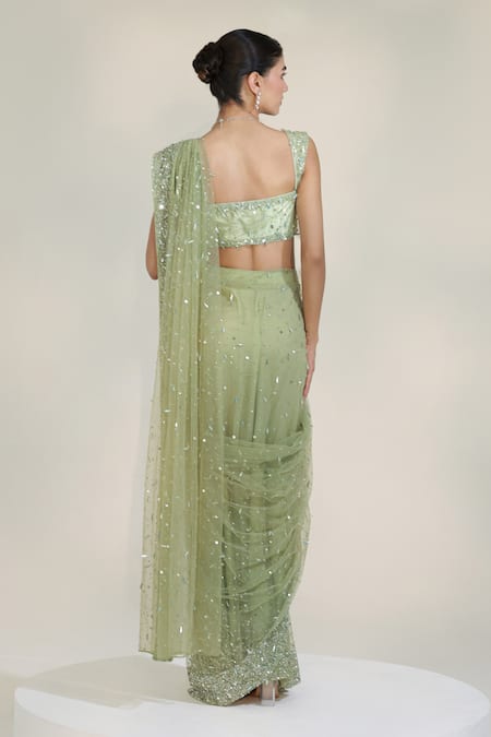 Libas Cafe by Nidhi & Ashish Sage Luxe Glam Pre-Draped Saree With Embroidered Blouse 