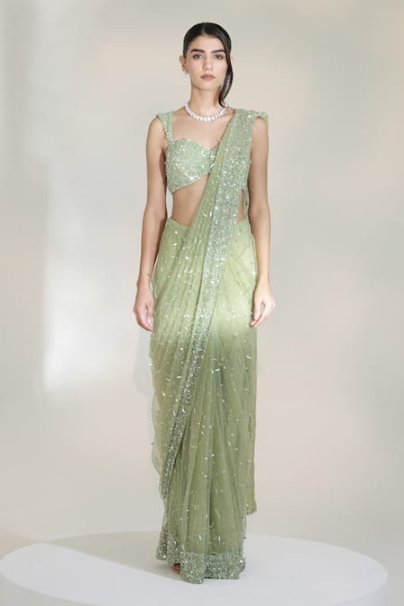 Libas Cafe by Nidhi & Ashish_Green Net Sequins, Embroidery Sage Luxe Glam Pre-draped Saree With Blouse _Online_at_Aza_Fashions