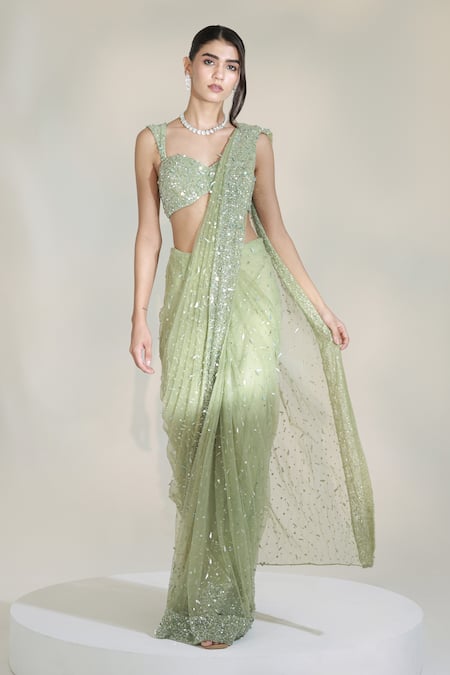 Libas Cafe by Nidhi & Ashish Sage Luxe Glam Pre-Draped Saree With Embroidered Blouse 