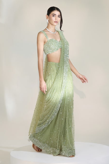 Buy_Libas Cafe by Nidhi & Ashish_Green Net Sequins, Embroidery Sage Luxe Glam Pre-draped Saree With Blouse _Online_at_Aza_Fashions