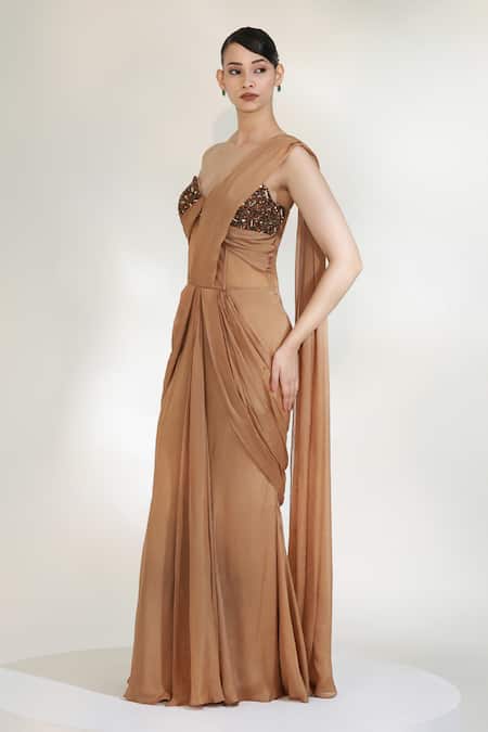 Buy_Libas Cafe by Nidhi & Ashish_Gold Net, Crepe Sequins, Beads Sweetheart Neck Lustre Pre-draped Saree Gown _Online_at_Aza_Fashions