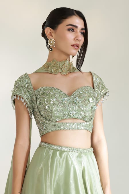 Libas Cafe by Nidhi & Ashish Green Organza Embroidery, Zari, Sequins, Beads, Applique Sage Luxe Lehenga Set Online at Aza Fashions Libas Cafe by Nidhi & Ashish_Green Organza Embroidery, Zari, Sequins, Beads, Applique Sage Luxe Lehenga Set _Online_at_Aza_Fashions
