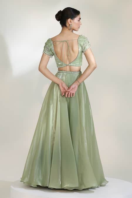 Shop Libas Cafe by Nidhi & Ashish Green Organza Embroidery, Zari, Sequins, Beads, Applique Sage Luxe Lehenga Set at Aza Fashions Shop_Libas Cafe by Nidhi & Ashish_Green Organza Embroidery, Zari, Sequins, Beads, Applique Sage Luxe Lehenga Set _at_Aza_Fashions