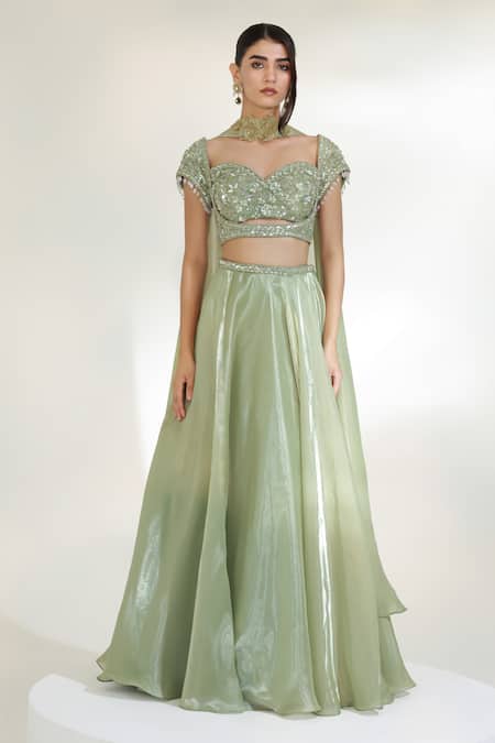 Buy Libas Cafe by Nidhi & Ashish Green Organza Embroidery, Zari, Sequins, Beads, Applique Sage Luxe Lehenga Set Online at Aza Fashions Buy_Libas Cafe by Nidhi & Ashish_Green Organza Embroidery, Zari, Sequins, Beads, Applique Sage Luxe Lehenga Set _Online_at_Aza_Fashions