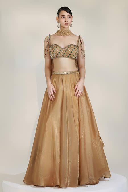 Buy_Libas Cafe by Nidhi & Ashish_Beige Organza Embroidery, Stones, Beads, Applique Lustre Jewel Lehenga Set _Online_at_Aza_Fashions