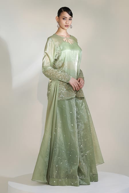 Libas Cafe by Nidhi & Ashish Green Organza Embroidery, Sequins, Zari, Applique Sage Luxe Kurta Sharara Set Online at Aza Fashions Libas Cafe by Nidhi & Ashish_Green Organza Embroidery, Sequins, Zari, Applique Sage Luxe Kurta Sharara Set _Online_at_Aza_Fashions