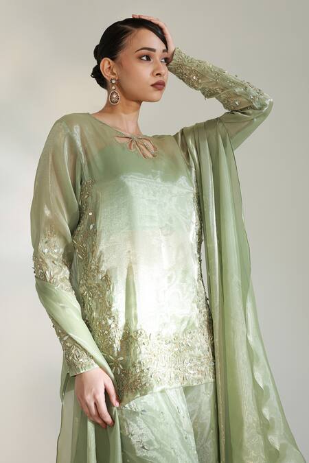 Buy Libas Cafe by Nidhi & Ashish Green Organza Embroidery, Sequins, Zari, Applique Sage Luxe Kurta Sharara Set Online at Aza Fashions Buy_Libas Cafe by Nidhi & Ashish_Green Organza Embroidery, Sequins, Zari, Applique Sage Luxe Kurta Sharara Set _Online_at_Aza_Fashions