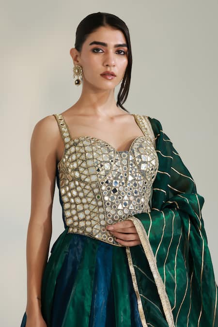 Shop_Libas Cafe by Nidhi & Ashish_Blue Organza Mirrors, Zari, Embroidery, Gota Patti Prism Corset Lehenga Set _Online_at_Aza_Fashions