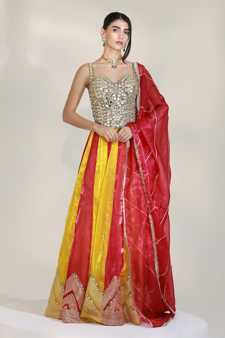 Libas Cafe by Nidhi & Ashish Pink Organza Mirrors, Gota Patti, Zari, Embroidery Mirage Colorblock Lehenga Set Online at Aza Fashions Libas Cafe by Nidhi & Ashish_Pink Organza Mirrors, Gota Patti, Zari, Embroidery Mirage Colorblock Lehenga Set _Online_at_Aza_Fashions