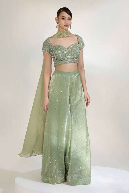 Buy Libas Cafe by Nidhi & Ashish Green Organza Zari, Sequins, Applique Sage Luxe Embroidered Blouse Sharara Set Online at Aza Fashions Buy_Libas Cafe by Nidhi & Ashish_Green Organza Zari, Sequins, Applique Sage Luxe Embroidered Blouse Sharara Set _Online_at_Aza_Fashions