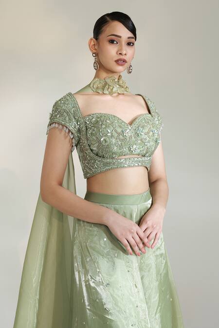 Shop Libas Cafe by Nidhi & Ashish Green Organza Zari, Sequins, Applique Sage Luxe Embroidered Blouse Sharara Set Online at Aza Fashions Shop_Libas Cafe by Nidhi & Ashish_Green Organza Zari, Sequins, Applique Sage Luxe Embroidered Blouse Sharara Set _Online_at_Aza_Fashions
