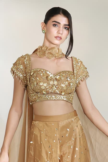 Buy_Libas Cafe by Nidhi & Ashish_Beige Organza Zari, Sequins, Beads, Lustre Embroidered Blouse Sharara Set _Online_at_Aza_Fashions