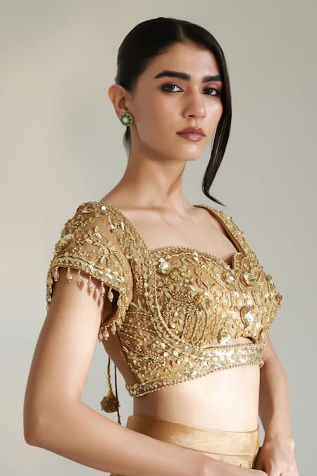 Libas Cafe by Nidhi & Ashish_Beige Organza Zari, Sequins, Beads, Lustre Embroidered Blouse Sharara Set _at_Aza_Fashions