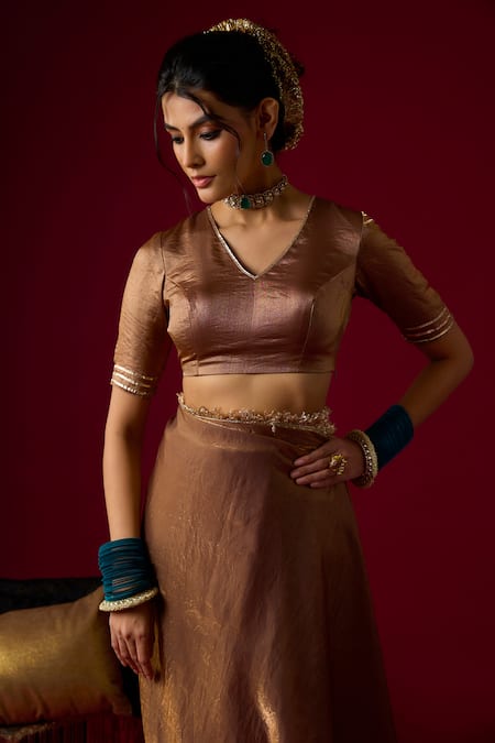 RAYASHA KHAN_Gold Tissue, Silk, Satin Lace, Gota Patti V-neck Zarina Saree And Blouse Set _Online_at_Aza_Fashions