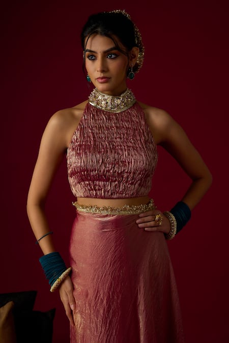 Buy RAYASHA KHAN Pink Tissue, Silk, Satin Crystals, Zari Halter Neck Suhoor Saree With Blouse Online at Aza Fashions Buy_RAYASHA KHAN_Pink Tissue, Silk, Satin Crystals, Zari Halter Neck Suhoor Saree With Blouse _Online_at_Aza_Fashions