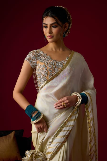 RAYASHA KHAN_Gold Tissue, Silk, Net, Satin Zari, Beads, Pearls, Noor Saree And Blouse Set _Online_at_Aza_Fashions