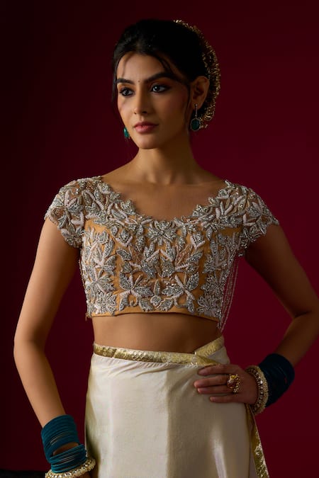 Buy_RAYASHA KHAN_Gold Tissue, Silk, Net, Satin Zari, Beads, Pearls, Noor Saree And Blouse Set _Online_at_Aza_Fashions