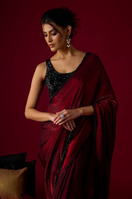 RAYASHA KHAN_Burgundy Tissue, Silk, Velvet, Satin Crystals, Lumina Saree With Blouse _Online_at_Aza_Fashions