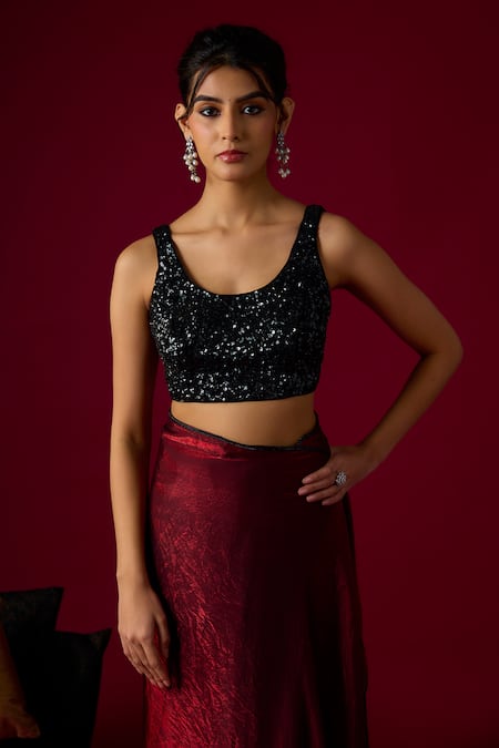 Buy_RAYASHA KHAN_Burgundy Tissue, Silk, Velvet, Satin Crystals, Lumina Saree With Blouse _Online_at_Aza_Fashions