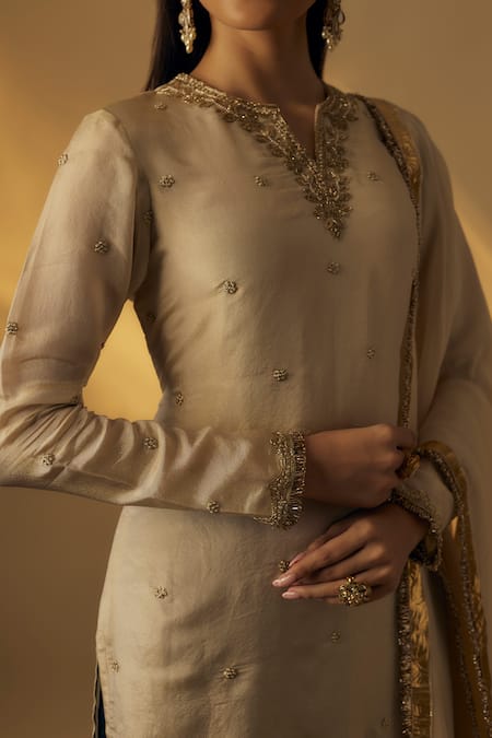 RAYASHA KHAN Beige Tissue, Organza Zari, Embroidery, Fringe Split V-neck Kurta Gharara Set at Aza Fashions RAYASHA KHAN_Beige Tissue, Organza Zari, Embroidery, Fringe Split V-neck Kurta Gharara Set _at_Aza_Fashions