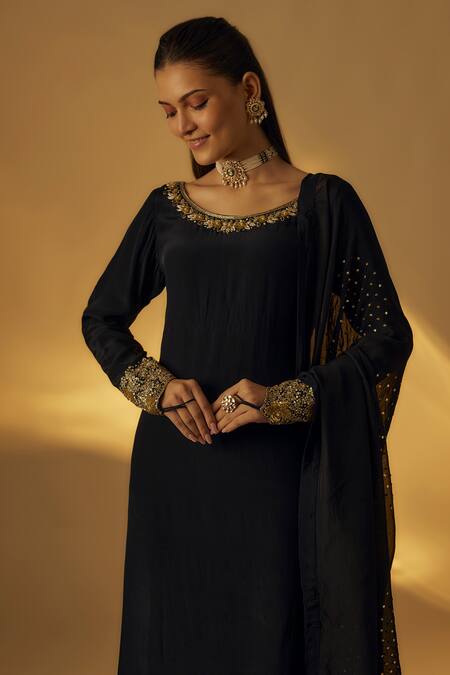 RAYASHA KHAN_Black Crepe, Organza Sequins, Zari, Embroidery Round Neck Kurta Set _Online_at_Aza_Fashions