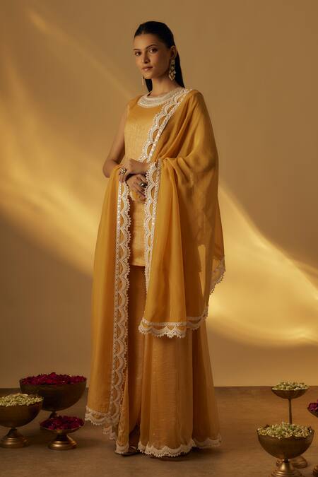 RAYASHA KHAN_Yellow Organza Sequins Round Neck Mango Short Kurta Palazzo Set _Online_at_Aza_Fashions