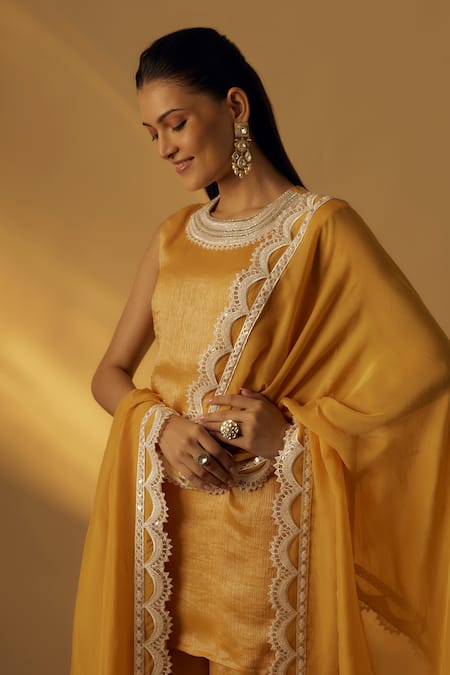Shop_RAYASHA KHAN_Yellow Organza Sequins Round Neck Mango Short Kurta Palazzo Set _Online_at_Aza_Fashions