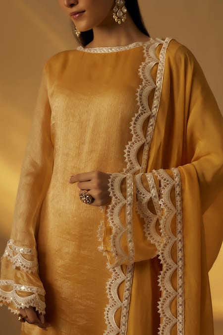Shop RAYASHA KHAN Yellow Organza Sequins, Lace Round Neck Mango Short Kurta Set Online at Aza Fashions Shop_RAYASHA KHAN_Yellow Organza Sequins, Lace Round Neck Mango Short Kurta Set _Online_at_Aza_Fashions