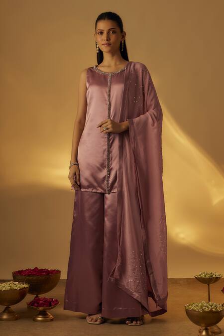 RAYASHA KHAN_Pink Silk, Organza Crystals, Sequins Round Neck Dusty Short Kurta Set _Online_at_Aza_Fashions