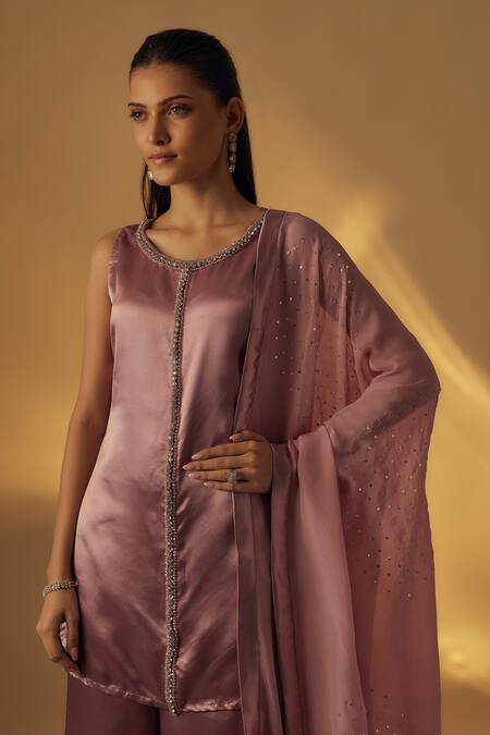 Buy_RAYASHA KHAN_Pink Silk, Organza Crystals, Sequins Round Neck Dusty Short Kurta Set _Online_at_Aza_Fashions