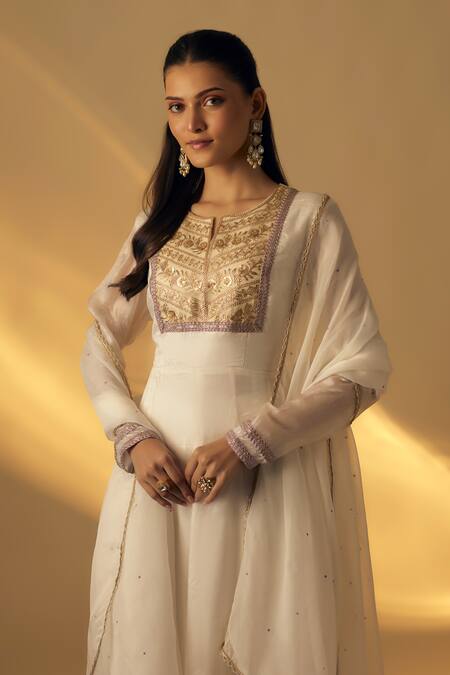 Buy_RAYASHA KHAN_White Silk, Tissue, Organza Sequins, Embroidery Round Neck Yoke Anarkali Set _Online_at_Aza_Fashions