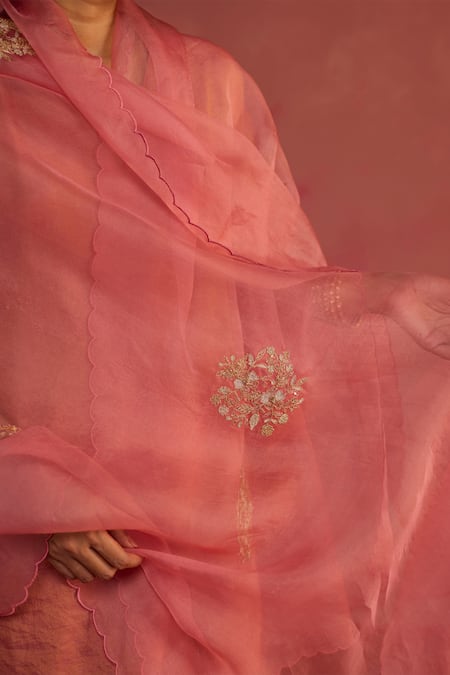 Rhua_Pink Tissue, Organza Embroidery, Metallic Thread Handwoven Banarasi Kurta Set _at_Aza_Fashions