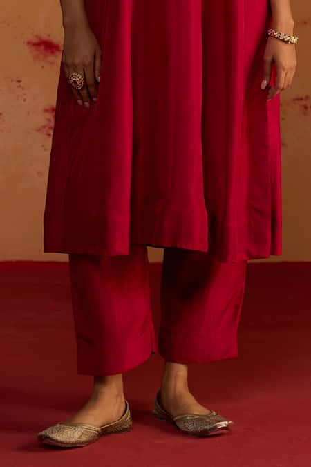 Rhua_Red Silk V-neck Pure Kurta And Pant Set _Online_at_Aza_Fashions
