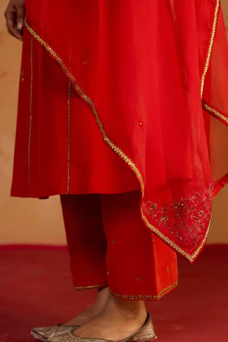 Rhua_Orange Silk, Organza Embroidery, Metallic Thread, Zari And Zardozi Kurta Set _at_Aza_Fashions
