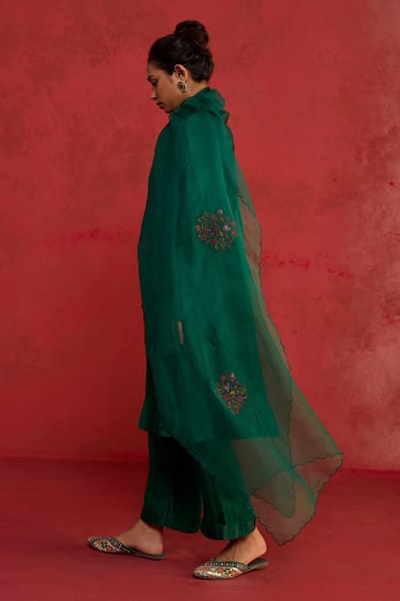 Rhua_Emerald Green Silk Embroidery Mandarin Collar, Button-down Handwoven Kurta Set _Online_at_Aza_Fashions