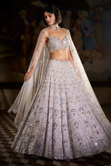 Buy_Seema Gujral_Silver Organza, Net Crystals, Embroidery, Tassels Sweetheart Neck Lehenga Set _Online_at_Aza_Fashions