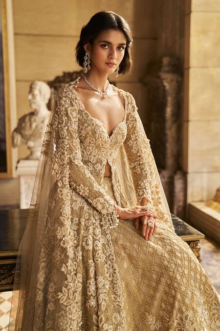 Buy_Seema Gujral_Cream Net Pearls, Sequins, Embroidery V-neck Jacket Lehenga Set _Online_at_Aza_Fashions