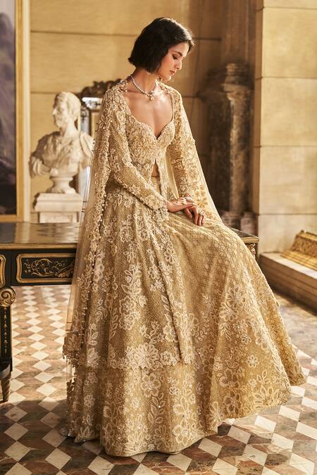 Shop_Seema Gujral_Cream Net Pearls, Sequins, Embroidery V-neck Jacket Lehenga Set _Online_at_Aza_Fashions