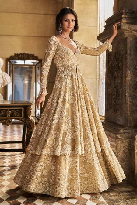 Seema Gujral_Cream Net Pearls, Sequins, Embroidery V-neck Jacket Lehenga Set _at_Aza_Fashions