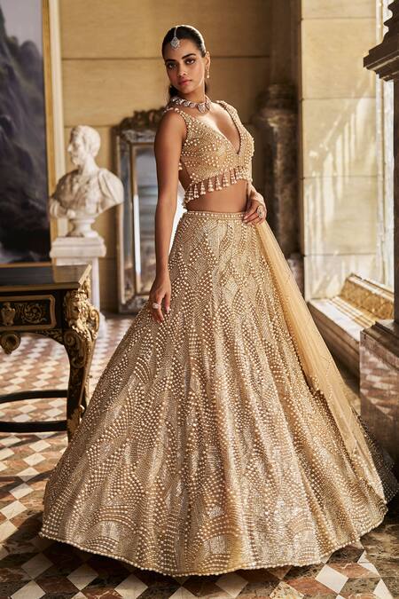 Shop_Seema Gujral_Beige Net Pearls, Embroidery, Tassels V-neck Lehenga Set _Online_at_Aza_Fashions