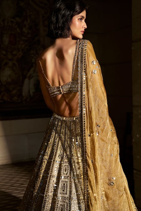 Buy_Seema Gujral_Gold Tissue, Organza Mirrors, Embroidery Antique Work Bridal Lehenga Set _Online_at_Aza_Fashions