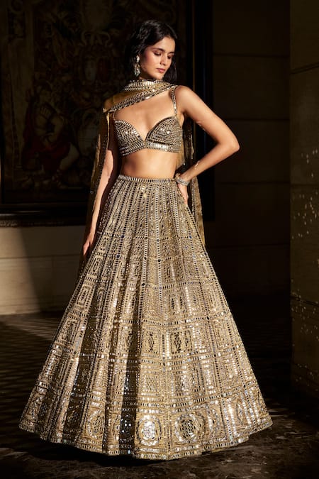 Shop_Seema Gujral_Gold Tissue, Organza Mirrors, Embroidery Antique Work Bridal Lehenga Set _Online_at_Aza_Fashions