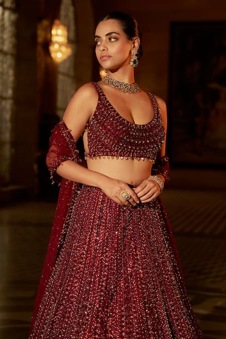 Buy_Seema Gujral_Maroon Net Crystals, Sequins, Beads, Tassels, Embroidery Bridal Lehenga Set _Online_at_Aza_Fashions