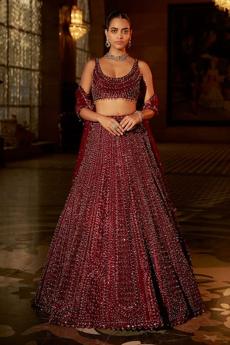 Seema Gujral Maroon Sequin Embroidered Bridal Lehenga Set 