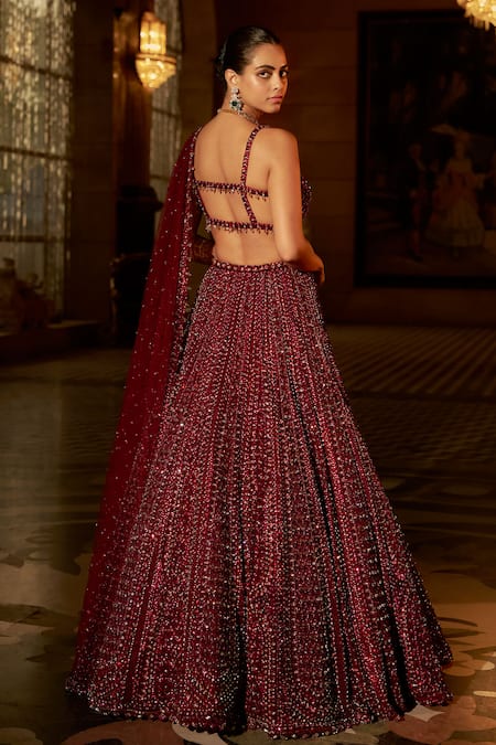 Seema Gujral Maroon Sequin Embroidered Bridal Lehenga Set 