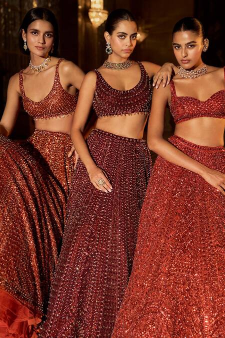 Shop_Seema Gujral_Maroon Net Crystals, Sequins, Beads, Tassels, Embroidery Bridal Lehenga Set _Online_at_Aza_Fashions