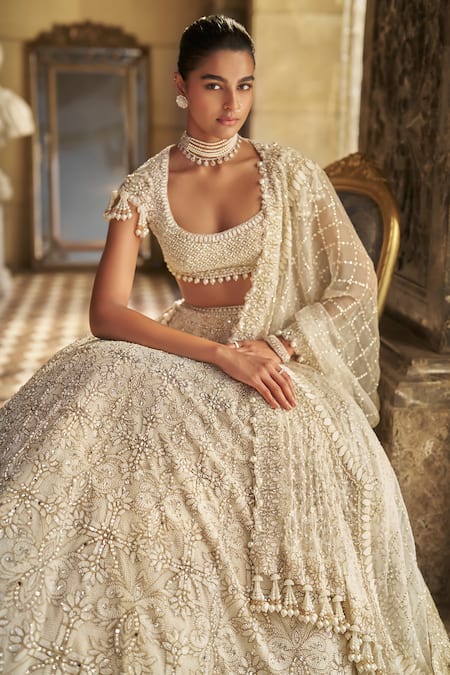 Buy Seema Gujral Ivory Organza Pearls, Sequins, Beads, Tassels, Embroidery Bridal Lehenga Set Online at Aza Fashions Buy_Seema Gujral_Ivory Organza Pearls, Sequins, Beads, Tassels, Embroidery Bridal Lehenga Set _Online_at_Aza_Fashions